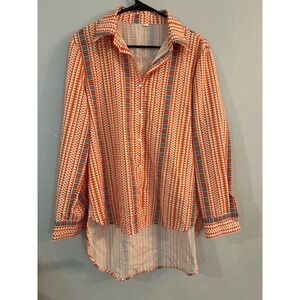 Shein Orange & White Geometric Button-Up Shein Blouse Large‎
